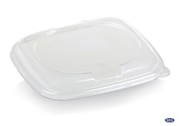 Coperchio cupola in PLA trasparente impilabile per piatto rettangolare in polpa di cellulosa
