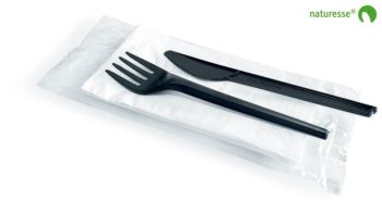 Set forchetta coltello e tovagliolo in CPLA BIO nero compostabile imbustato